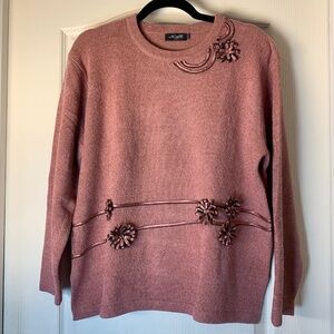 Vintage Y2K Moffi Knit Sweater Pink Ribbon Flower Appliqué Chenille Style XL